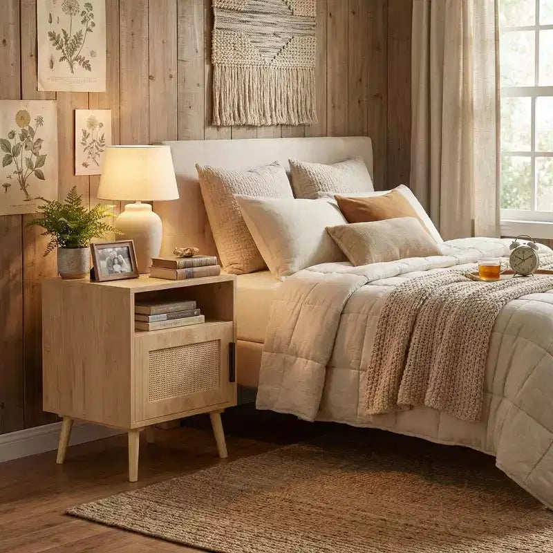 Table de chevet en MDF imitation bois naturel avec porte en cannage, table d'appoint avec étagère ouverte et meuble de rangement, pieds fuselés pour chambre à coucher