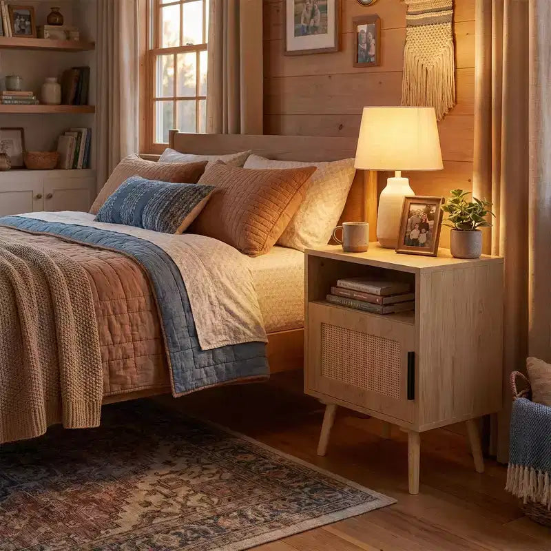 Table de chevet en MDF imitation bois naturel avec porte en cannage, table d'appoint avec étagère ouverte et meuble de rangement, pieds fuselés pour chambre à coucher