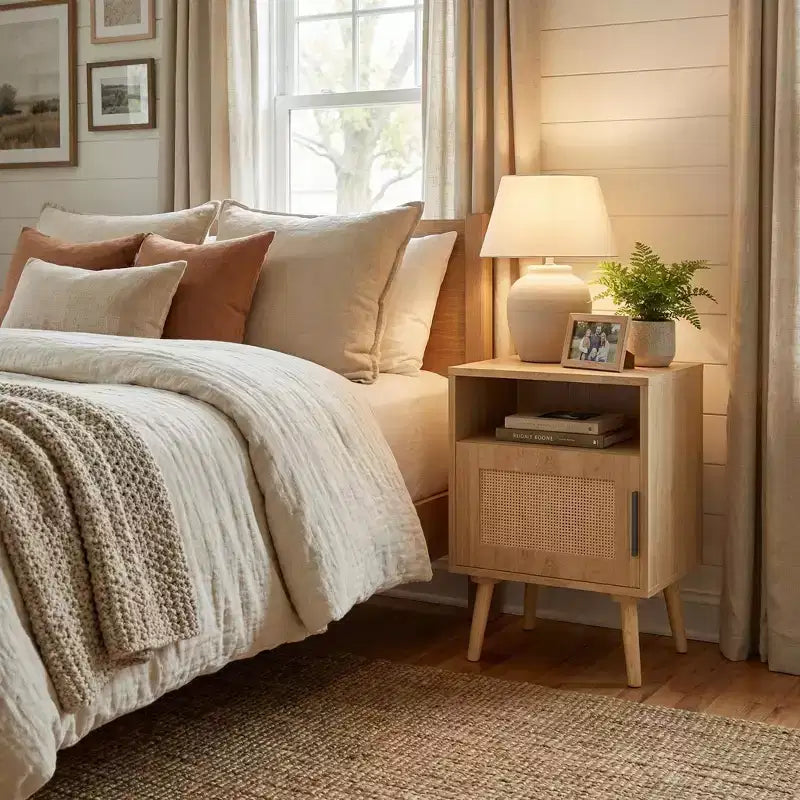 Table de chevet en MDF imitation bois naturel avec porte en cannage, table d'appoint avec étagère ouverte et meuble de rangement, pieds fuselés pour chambre à coucher