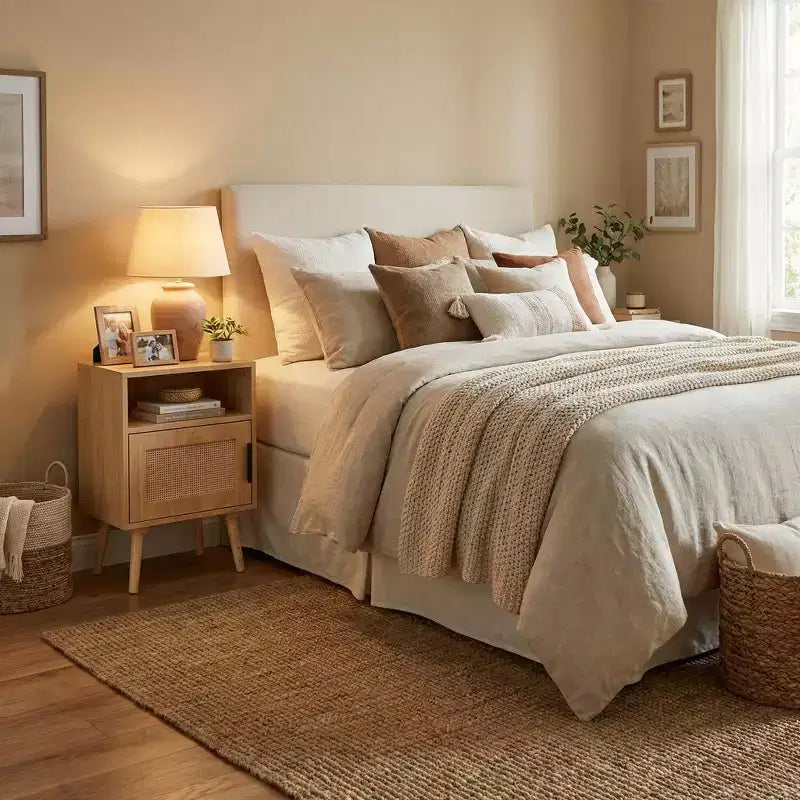 Table de chevet en MDF imitation bois naturel avec porte en cannage, table d'appoint avec étagère ouverte et meuble de rangement, pieds fuselés pour chambre à coucher