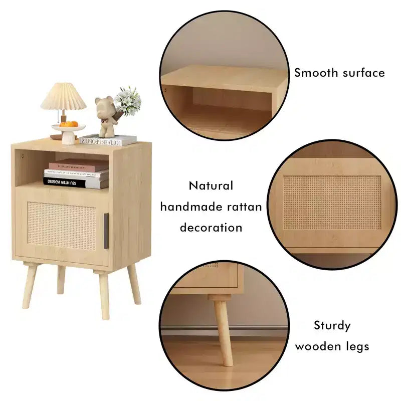 Table de chevet en MDF imitation bois naturel avec porte en cannage, table d'appoint avec étagère ouverte et meuble de rangement, pieds fuselés pour chambre à coucher