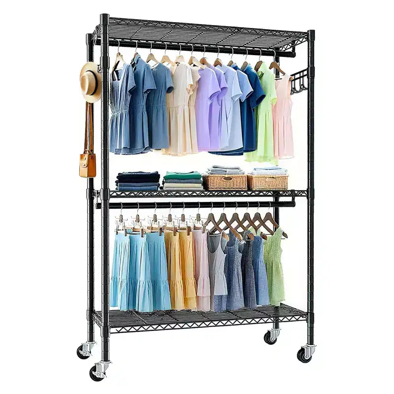 Heavy Duty Rolling Clothes Rack with Wheels - 3-Tier Adjustable Shelving, 2 Rails &amp; Side Hooks, Portable Freestanding Closet Organizer (Black)
