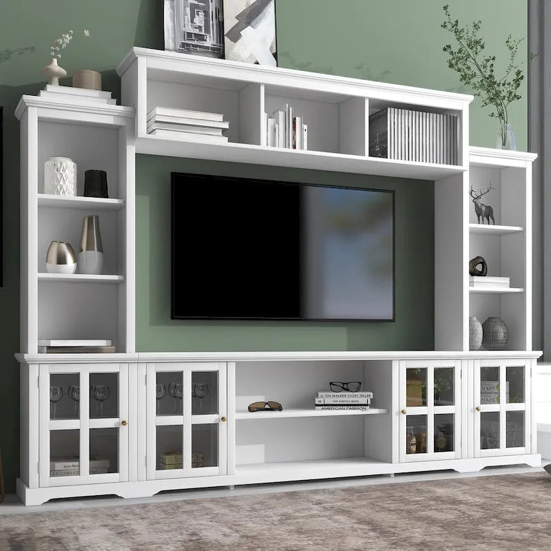 White Entertainment Wall Unit with Bridge & Tempered Glass Door for 70 TVs