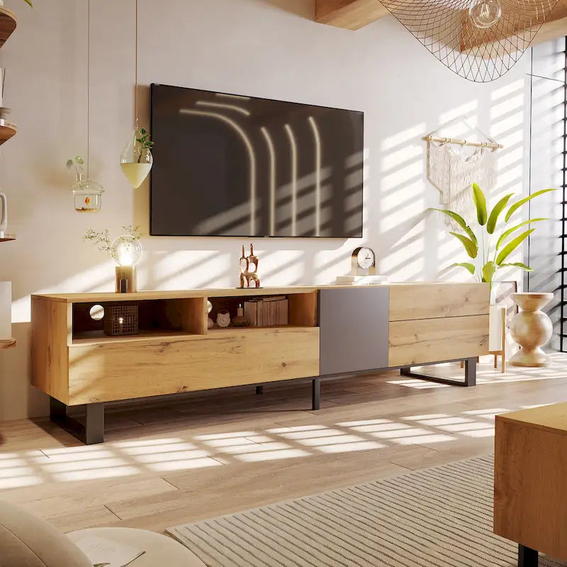 Wood+Grey 70.9 TV Stand with Storage and Drop Down Door for TVs Up to 80