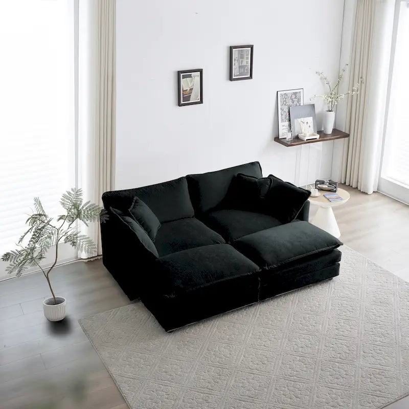 Black 4-Piece Chenille Modular Sectional Sofa with Loveseat & Ottomans