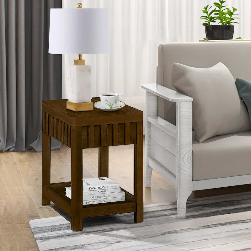 25 Rectangular Farmhouse End Table with Storage Shelf, Sofa Side Table with Solid Wood Legs for Living Room, Bedroom, Office