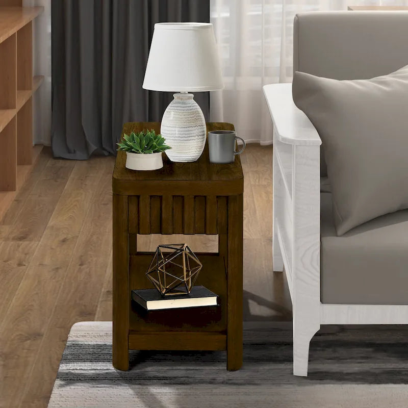 25 Rectangular Farmhouse End Table with Storage Shelf, Sofa Side Table with Solid Wood Legs for Living Room, Bedroom, Office