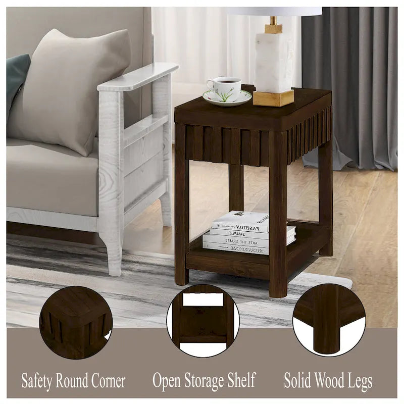 25 Rectangular Farmhouse End Table with Storage Shelf, Sofa Side Table with Solid Wood Legs for Living Room, Bedroom, Office