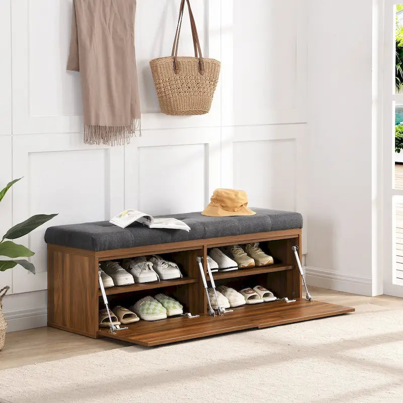 49 Entryway Shoe Storage Bench with Double Doors & Padded Cushion,Space-Saving Ottoman