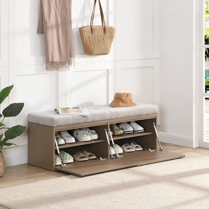 49 Entryway Shoe Storage Bench with Double Doors & Padded Cushion,Space-Saving Ottoman