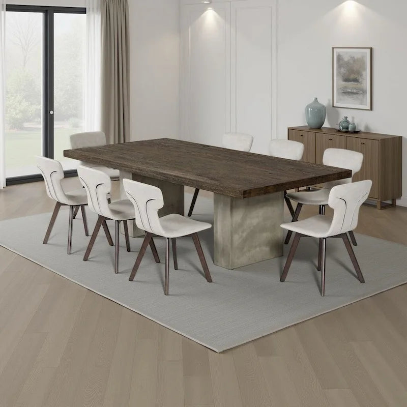 Cid Ari Dining Table, Concrete Base 118 Inch Rectangular Brown Oak Top