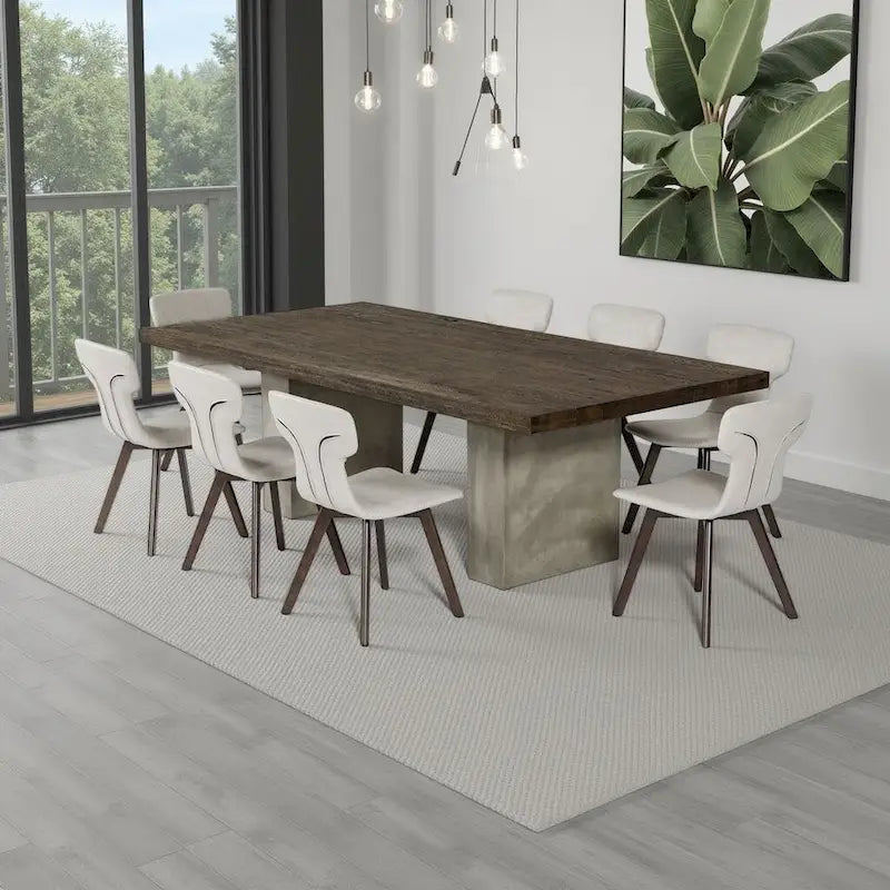 Cid Ari Dining Table, Concrete Base 118 Inch Rectangular Brown Oak Top