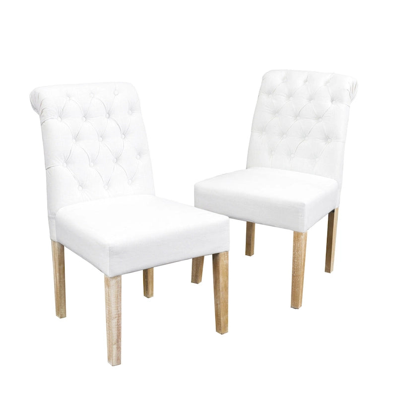 Feni Dining Parsons Chair Set of 2, Tufted Rolled, Off White Linen