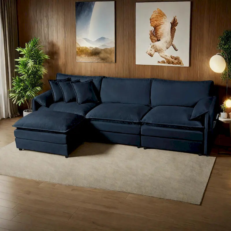 109.45 Chenille Upholstered L-Shaped Modular Sectional Sofa with Double-Layer Cushions, DIY Combination