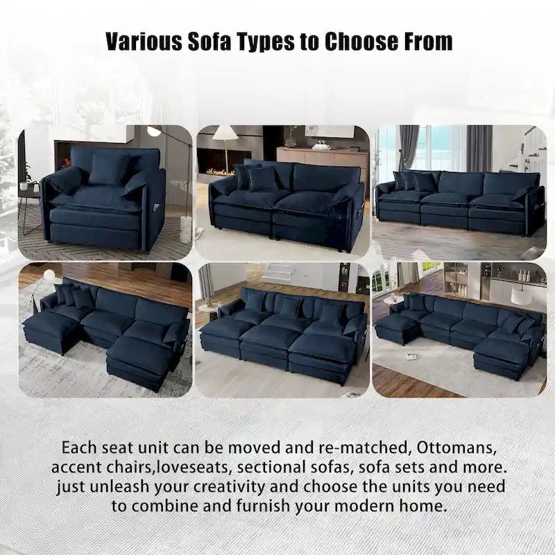 109.45 Chenille Upholstered L-Shaped Modular Sectional Sofa with Double-Layer Cushions, DIY Combination