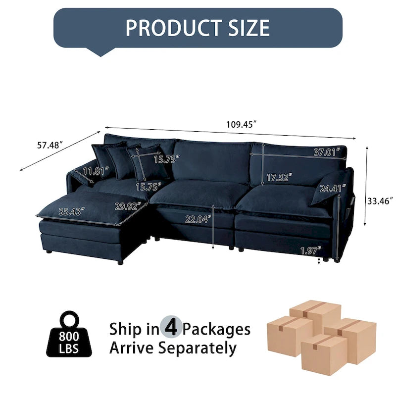 109.45 Chenille Upholstered L-Shaped Modular Sectional Sofa with Double-Layer Cushions, DIY Combination