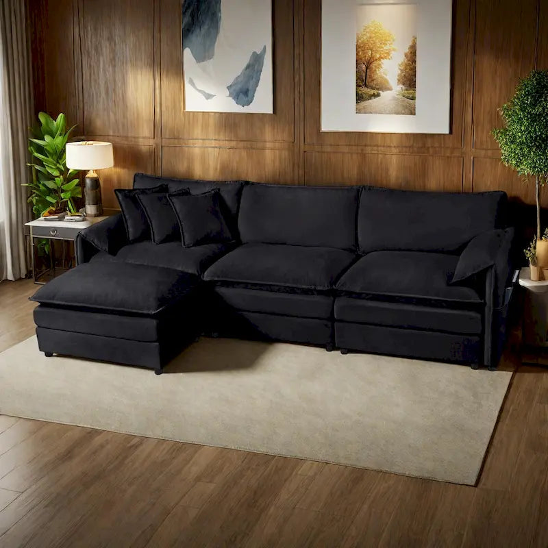 109.45 Chenille Upholstered L-Shaped Modular Sectional Sofa with Double-Layer Cushions, DIY Combination