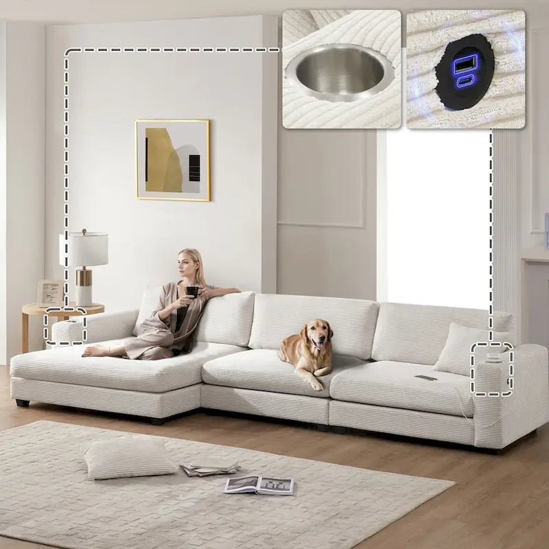 Lalo Modern Corduroy Oversized Sectional Sofa by GDFStudio