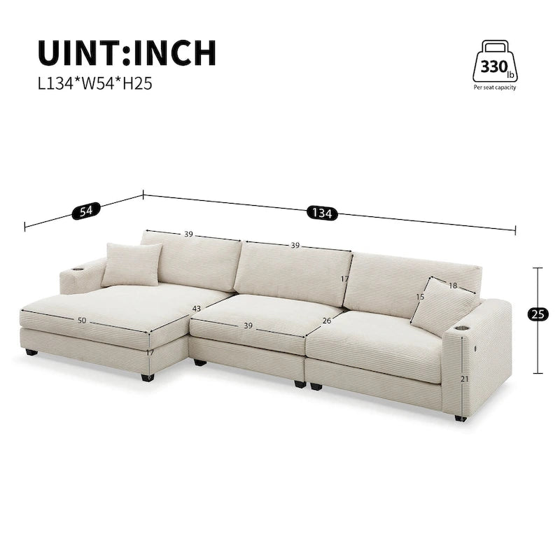 Lalo Modern Corduroy Oversized Sectional Sofa by GDFStudio