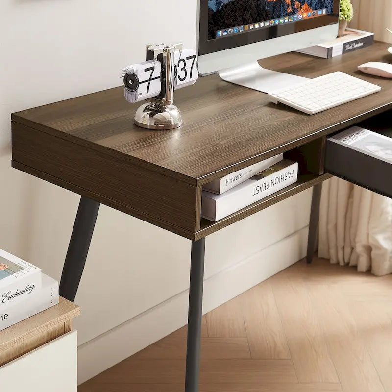 Mid Century Writing Study Desk with Built In USB and Power Outlet and 2 Storage Spaces for Home Office and Study or Bedroom