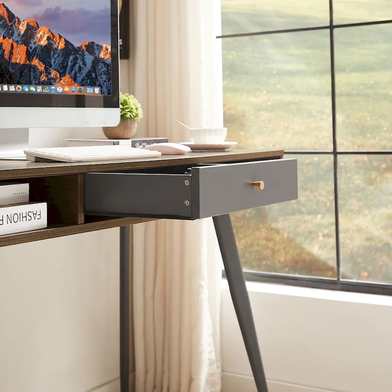 Mid Century Writing Study Desk with Built In USB and Power Outlet and 2 Storage Spaces for Home Office and Study or Bedroom