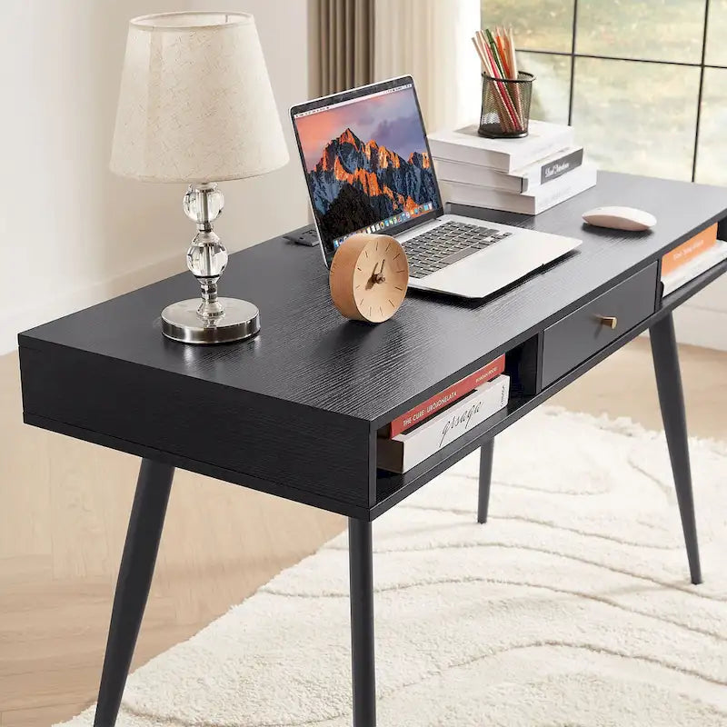 Mid Century Writing Study Desk with Built In USB and Power Outlet and 2 Storage Spaces for Home Office and Study or Bedroom