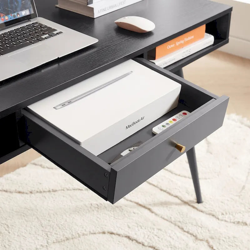 Mid Century Writing Study Desk with Built In USB and Power Outlet and 2 Storage Spaces for Home Office and Study or Bedroom