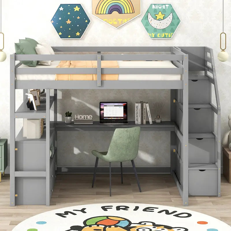 Full Size Loft Bed w/Desk,Shelves,Built-inDrawers,Storage Staircase