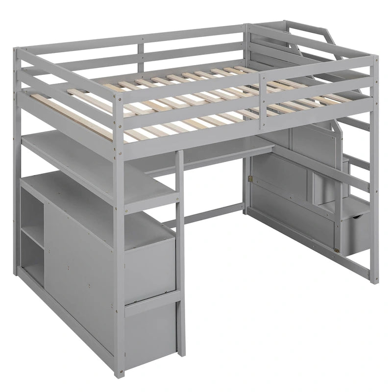 Full Size Loft Bed w/Desk,Shelves,Built-inDrawers,Storage Staircase