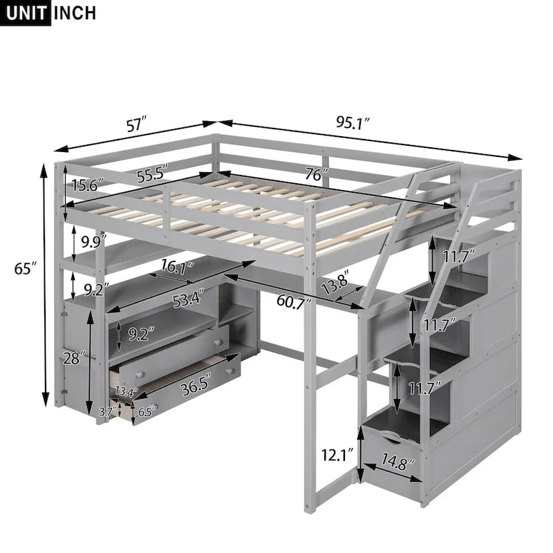 Full Size Loft Bed w/Desk,Shelves,Built-inDrawers,Storage Staircase