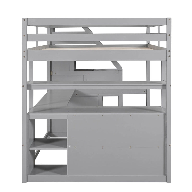 Full Size Loft Bed w/Desk,Shelves,Built-inDrawers,Storage Staircase