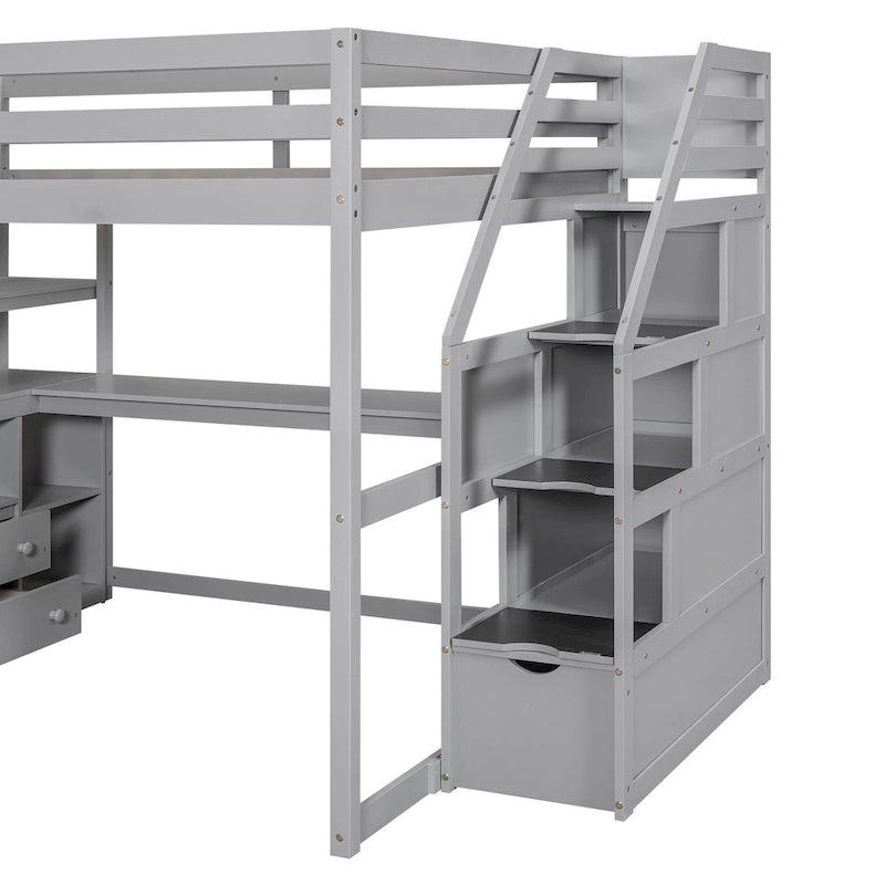 Full Size Loft Bed w/Desk,Shelves,Built-inDrawers,Storage Staircase