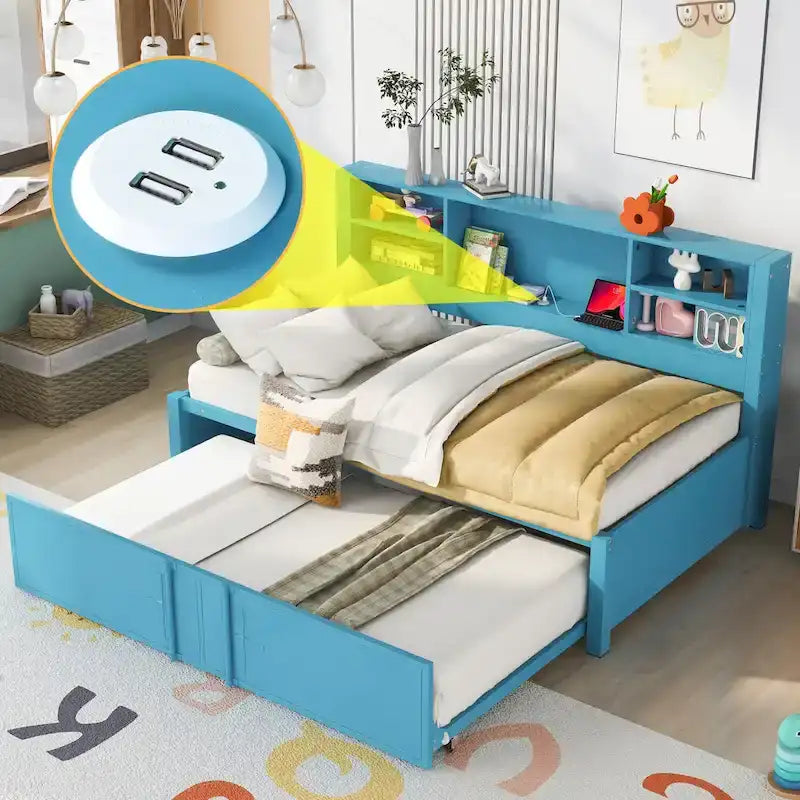 Metal Twin Size Daybed w/Twin Size Trundle, Storage Shelves, USB Ports