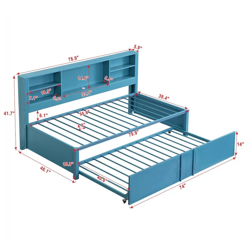 Metal Twin Size Daybed w/Twin Size Trundle, Storage Shelves, USB Ports