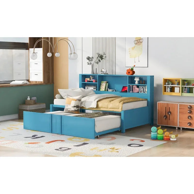 Metal Twin Size Daybed w/Twin Size Trundle, Storage Shelves, USB Ports