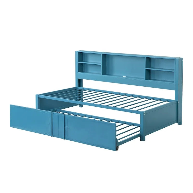 Metal Twin Size Daybed w/Twin Size Trundle, Storage Shelves, USB Ports