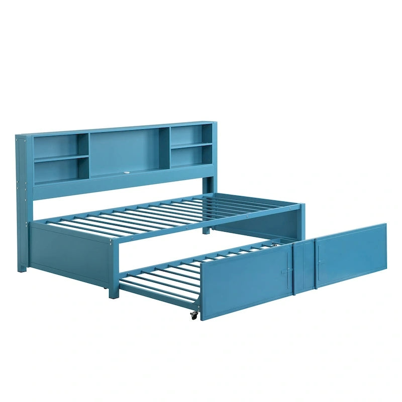 Metal Twin Size Daybed w/Twin Size Trundle, Storage Shelves, USB Ports