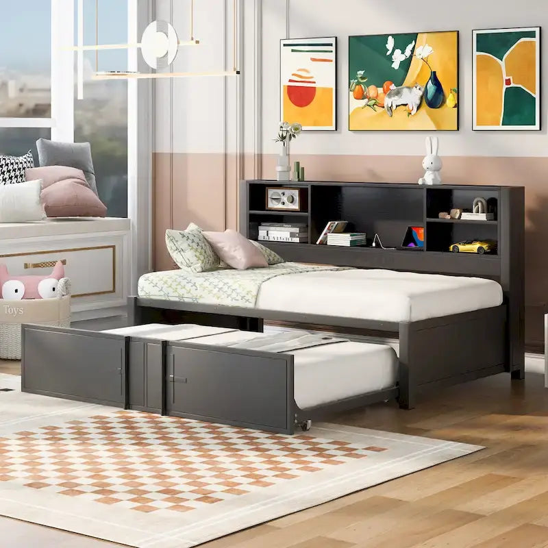 Metal Twin Size Daybed w/Twin Size Trundle, Storage Shelves, USB Ports