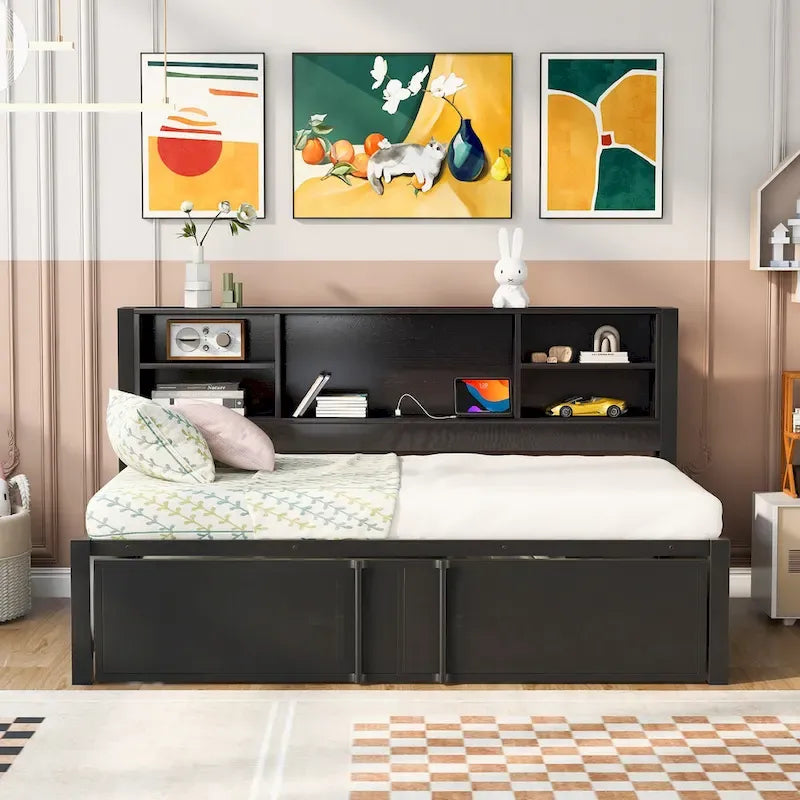 Metal Twin Size Daybed w/Twin Size Trundle, Storage Shelves, USB Ports