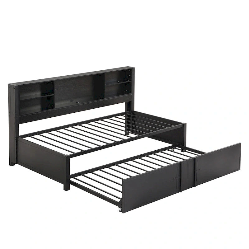 Metal Twin Size Daybed w/Twin Size Trundle, Storage Shelves, USB Ports
