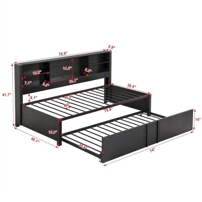 Metal Twin Size Daybed w/Twin Size Trundle, Storage Shelves, USB Ports