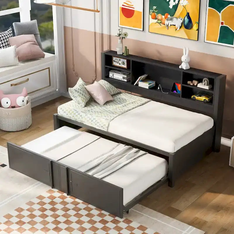 Metal Twin Size Daybed w/Twin Size Trundle, Storage Shelves, USB Ports