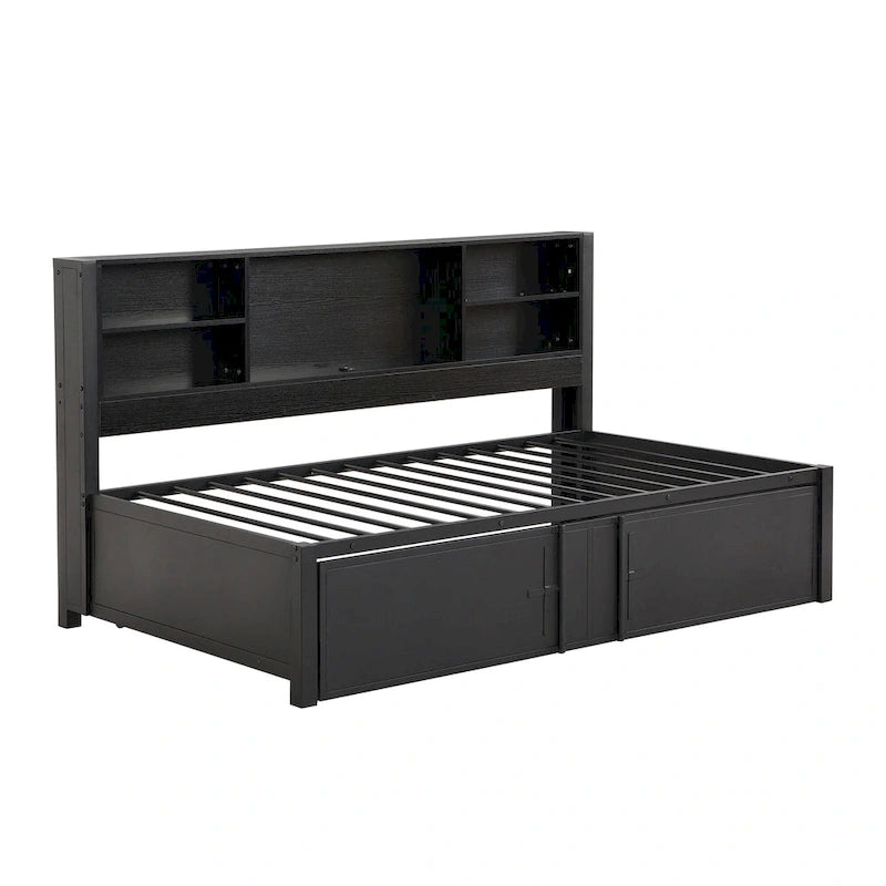 Metal Twin Size Daybed w/Twin Size Trundle, Storage Shelves, USB Ports