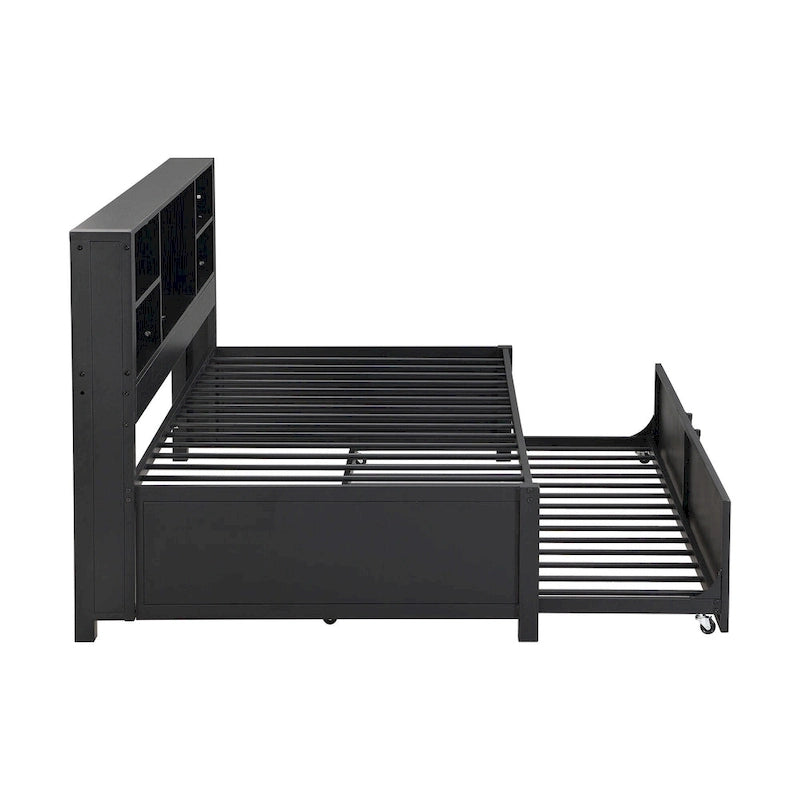 Metal Twin Size Daybed w/Twin Size Trundle, Storage Shelves, USB Ports