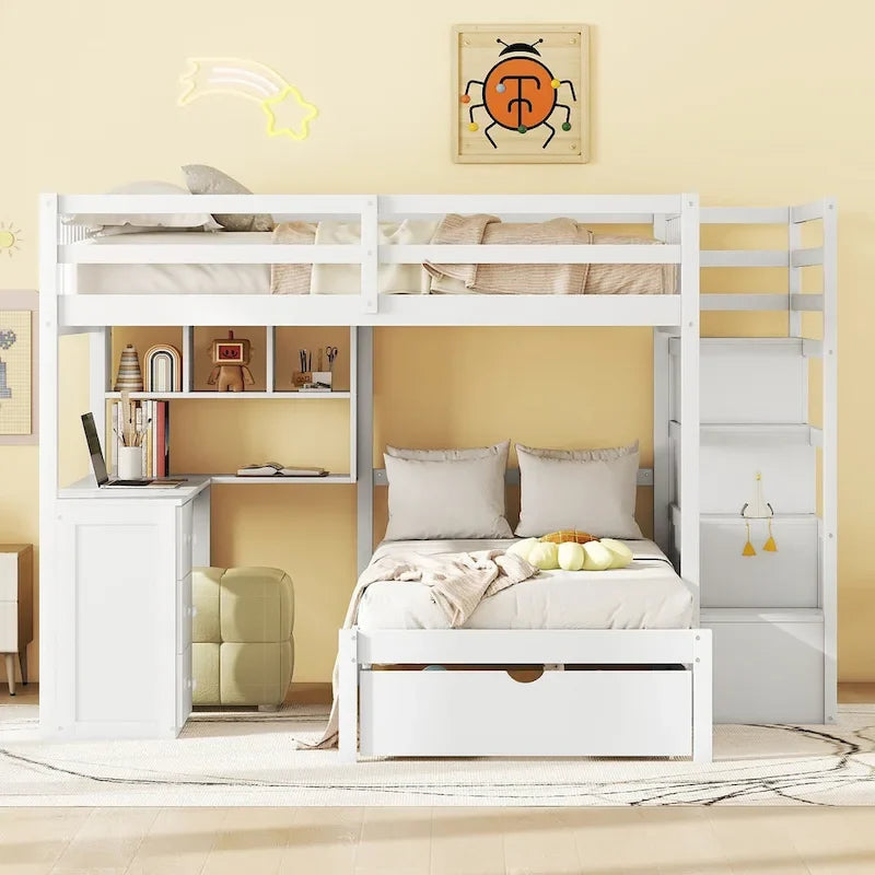 Full Over Twin Bunk Bed with Desk, Drawers and Shelves