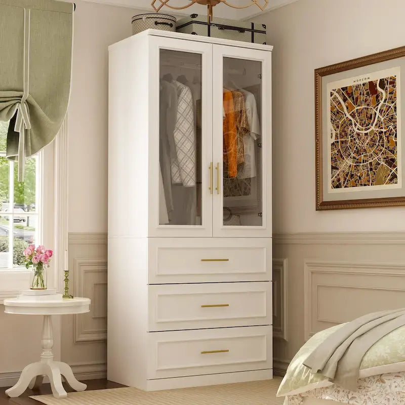 White Wardrobe Armoire Closet: Double - glass - door Design with Gold Handles and a Hanging Rod, Ideal for Organizing Clothes