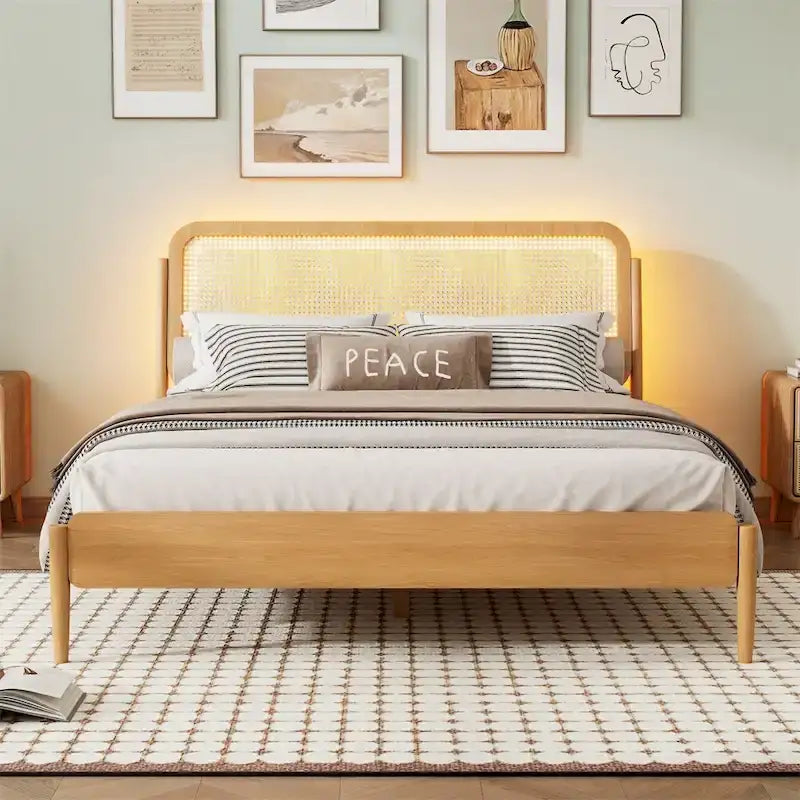 Queen Size Wood Storage Platform Bed with LED Light,Rattan Headboard