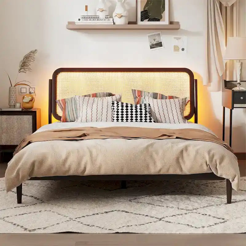 Queen Size Wood Storage Platform Bed with LED Light,Rattan Headboard