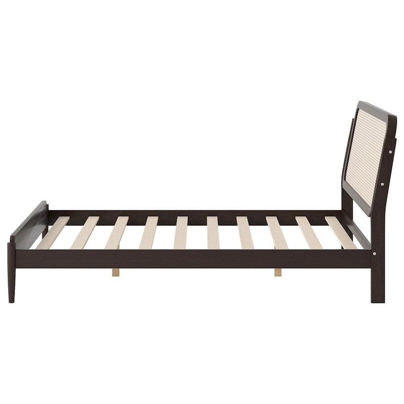 Queen Size Wood Storage Platform Bed with LED Light,Rattan Headboard