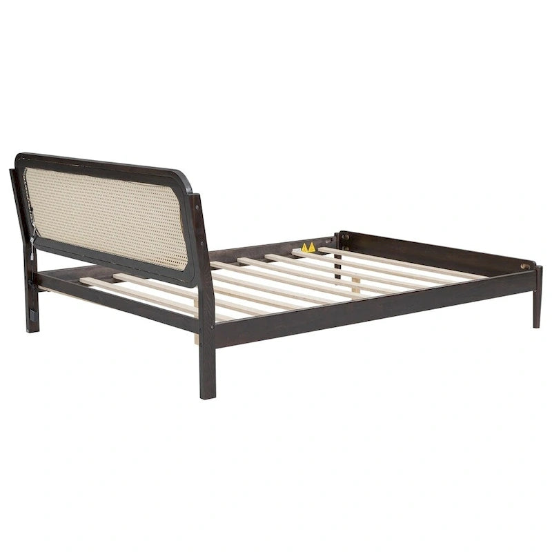 Queen Size Wood Storage Platform Bed with LED Light,Rattan Headboard